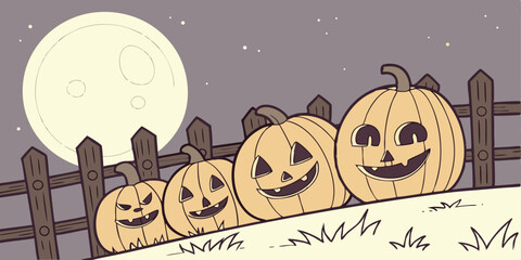 Four halloween pumpkins with carved faces under a full moon behind a fence and grass field view