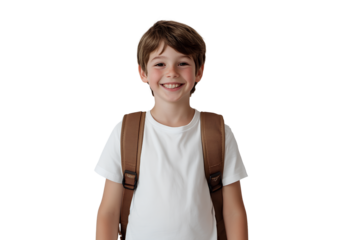A young boy wearing a white T-shirt and brown backpack, smiling at the camera, isolated on a clear white background. 