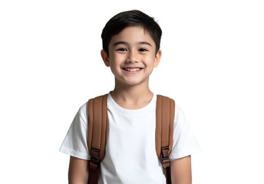 A young boy wearing a white T-shirt and brown backpack, smiling at the camera, isolated on a clear white background.
