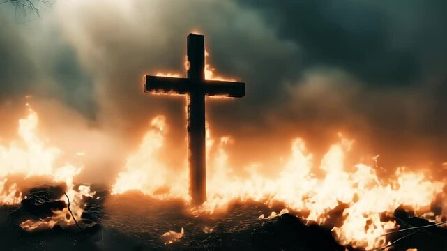 A wooden cross standing amidst flames, surrounded by wisps of smoke and fire	