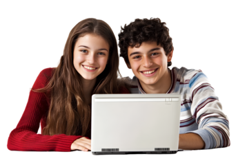  A young couple smiling and using a laptop computer, isolated on a white background. The image is photo-realistic,