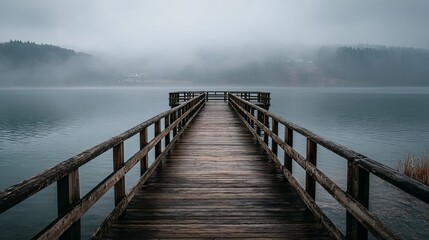 Fototapeta premium Serene wooden pier stretching over calm lake in foggy morning atmosphere