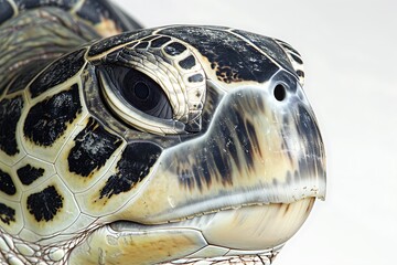 Close up shot of a sea turtle head showcasing its eye nostril and shell pattern against a white background