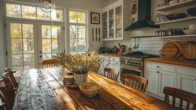 Rustic kitchen with large wooden dining table and outdoor view