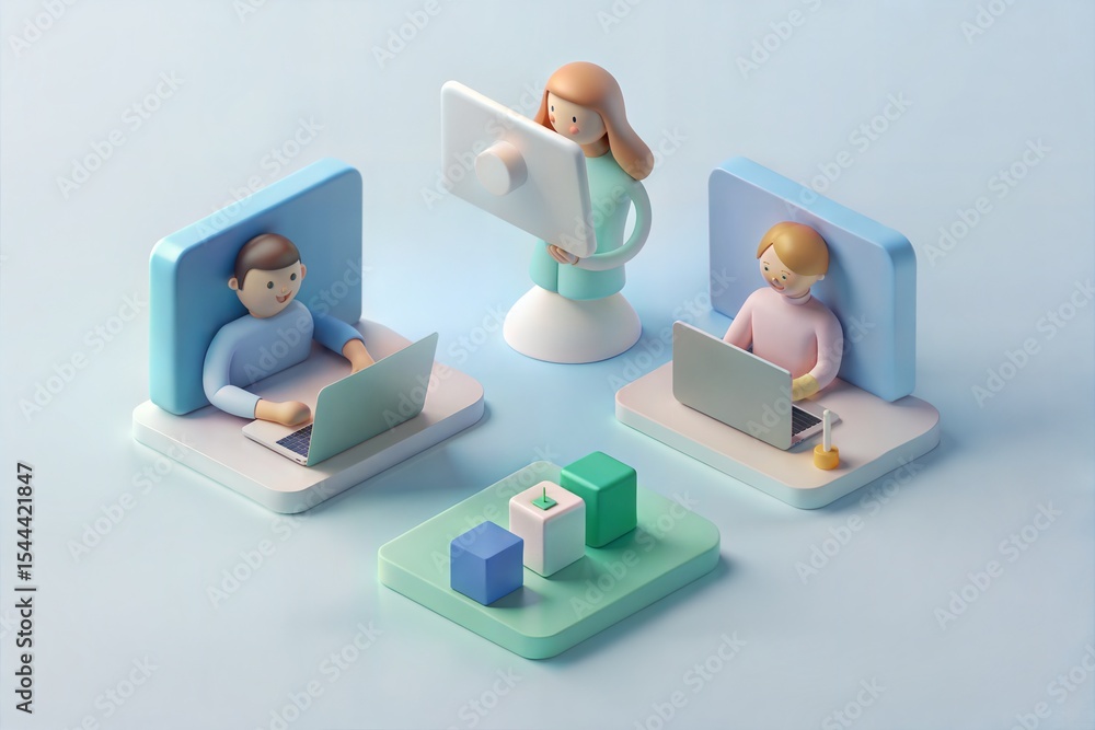 Fototapete 3d illustration of teamwork with colleagues using computers and data analysis chart cubes
