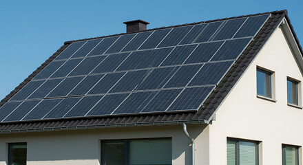 Fototapeta premium Modern residential house with rooftop solar panels under clear blue sky, sustainable energy solution and eco-friendly architecture concept