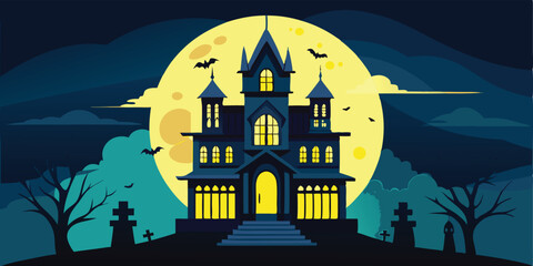 Spooky haunted house on a hill under a full moon with bats flying around it at night