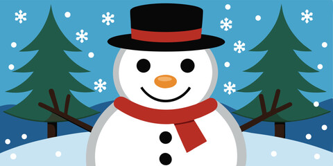 snowman with black hat and red scarf standing between two green christmas trees in a snowy landscape