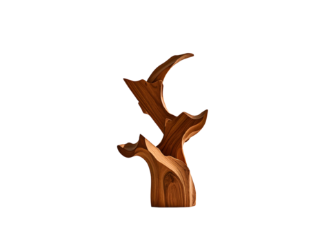 Rich Brown Wooden Stand Abstract Sculpture Organic Form Natural Wood Grain Texture Isolated on white background isolated on a transparent background