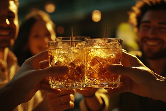 Celebration toast with friends clinking whiskey glasses filled with ice during a joyful evening gathering