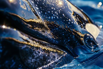 A close up view of an orca whale in the ocean with water droplets on its skin and shimmering reflections