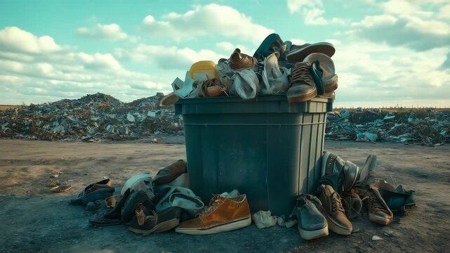 A trash bin overflowing with discarded shoes and bags, The pile of shoes and bags in a waste disposal area, symbolizing waste and overconsumption	
