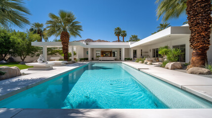 Poolside view of modern villa with palm trees