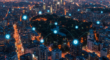 Digital technology signal network over modern city skyline &ndash; smart city and wireless communication concept