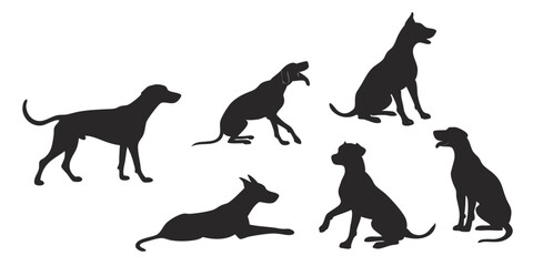Black Dog Silhouettes in Various Poses on White Background