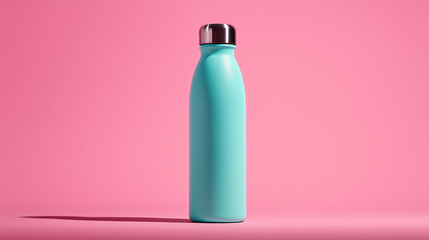 Teal bottle with silver lid on a pink colored surface
