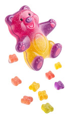 Colorful Gummy Bear Candy Falling Pink Purple Yellow Orange Red Sweet Treat Gummy Bears Isolated on a transparent background