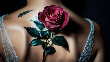 Dark red rose on woman s back tattoo