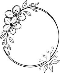 Elegant floral circle frame with delicate flowers and leaves in minimal line art style, ideal for wedding invitations, logo templates, greeting cards, and modern botanical design projects.