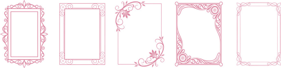 Decorative rectangular pink frame bundle in ornate line style, ideal for feminine invitations, cards, posters, journals, and romantic vintage-themed graphic design or wedding projects.