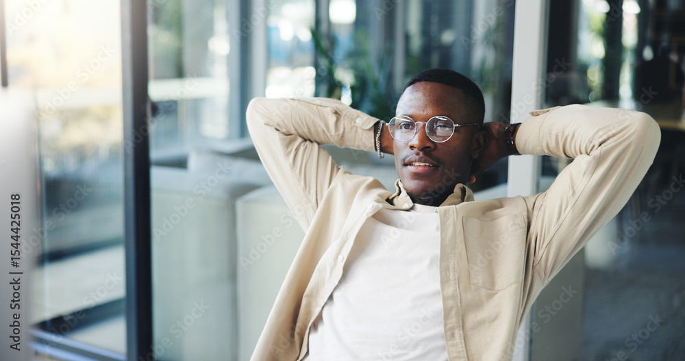 Poster stretching, glasses and computer with business black man in office for email, reading and online upd
