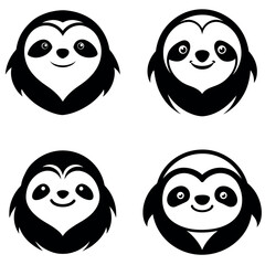 Four Black and White Cartoon Sloth Faces with Different Expressions Design