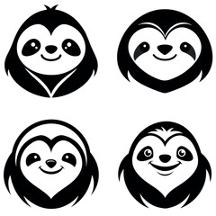 Four Black and White Sloth Faces with Different Hair and Eye Styles