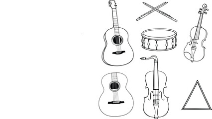 Black-and-White Vector Illustrations of Musical Instruments – A 2x3 Grid Featuring Strings and Percussion