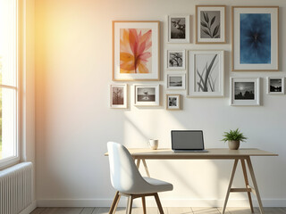 Serene Home Office with Gallery Wall Featuring Curated Art Prints and Laptop on Wooden Desk in a Naturally Lit Space