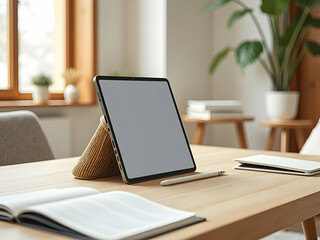 Naklejka premium Serene Home Office, A tablet and pen sit on a wooden desk with books and plants creating a calm workspace