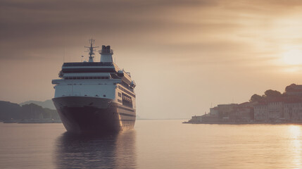 Majestic cruise ship glides into harbor at dawn, golden sunrise on calm waters — a serene journey...