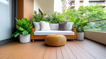 Lush plants adorn cozy balcony garden featuring comfortable seating area and natural decor