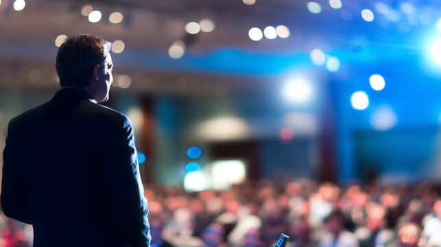 A presenter commands the stage, exuding confidence and expertise in a corporate setting.