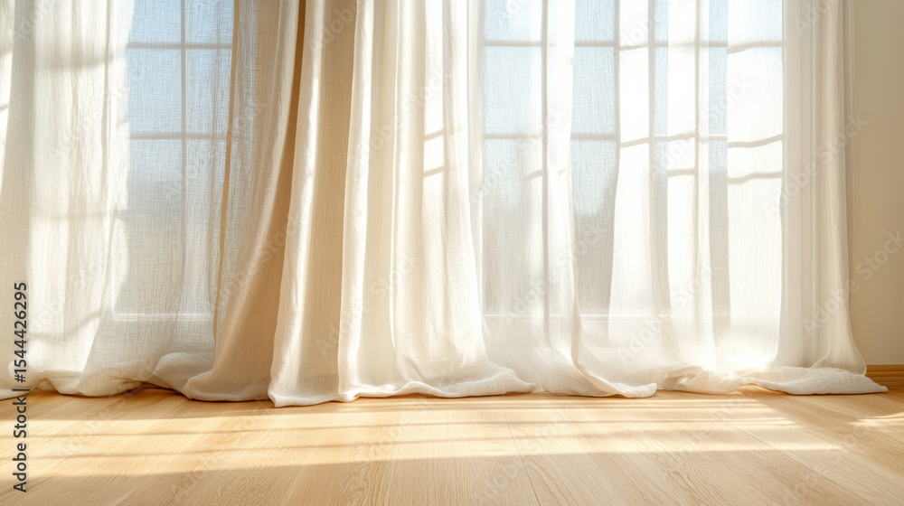 Poster soft light filters through sheer curtains, creating warm and inviting atmosphere