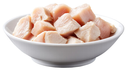 Raw chicken pieces isolated on transparent background in white bowl for cooking