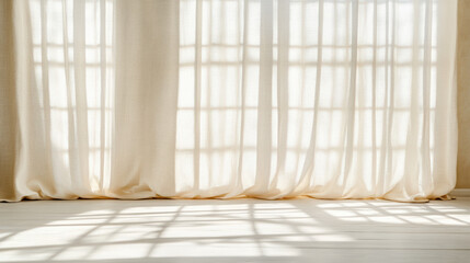 Soft lit interior with linen curtains gently moving, casting shadows on floor