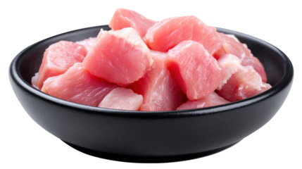 Raw pork meat isolated on transparent background in black bowl with fresh texture