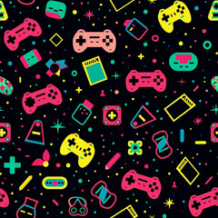 Retro Gaming Seamless Pattern 80s and 90s Video Game Controller and Console Design
