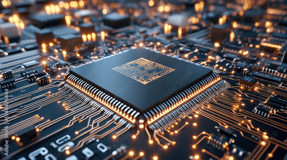 Poster high tech circuit board with central processor chip, glowing connections, and intricate details