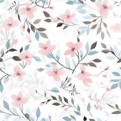 Elegant Pink and Blue Floral Seamless Pattern Delicate Watercolor Flowers and Leaves Design for Textile, Fabric, Wallpaper, and More