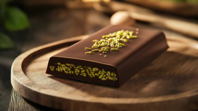 Chocolate bar with pistachio kunafa inside, Dubai chocolate with pistachio on wooden plate	