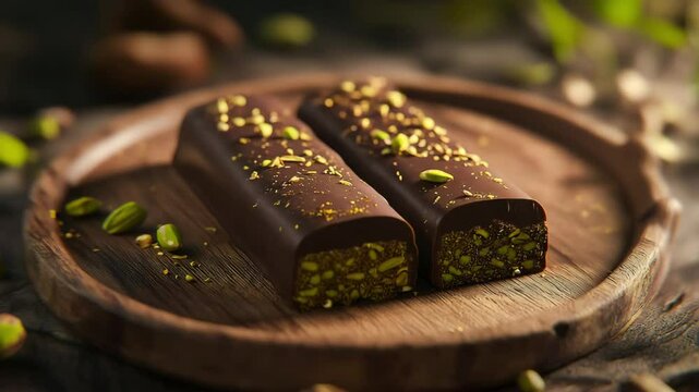 Chocolate bar with pistachio kunafa inside, Dubai chocolate with pistachio on wooden plate	