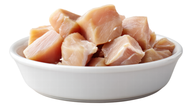 Raw chicken meat isolated on transparent background in white bowl with fresh texture