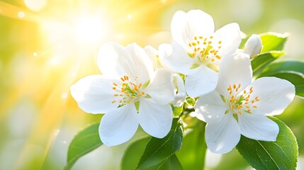 Obraz premium Blooming apple blossoms, sunlit orchard, spring