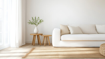 Cozy living room with white sofa, wooden tables, and vase of greenery