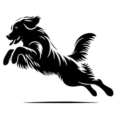 Black and white vector silhouette of a dog jumping on white background