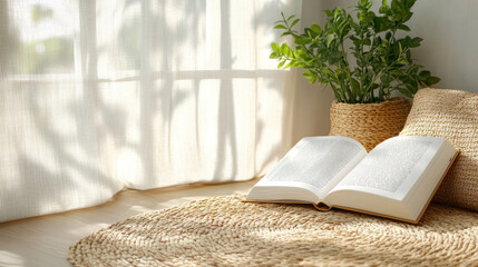 Cozy reading nook featuring large open book woven mat, surrounded by natural light and greenery