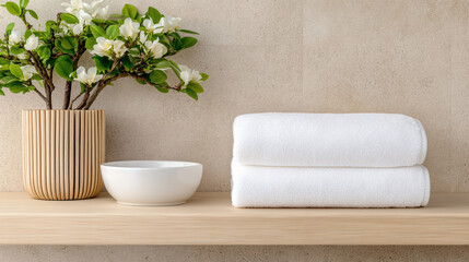 Fresh towels, decorative plant, minimalist bathroom decor, serene atmosphere
