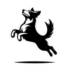 Black and white vector silhouette of a dog jumping on white background