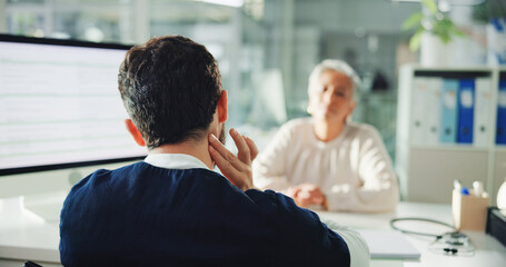 Doctor, consultation and patient with neck pain, hospital and appointment for healthcare or...